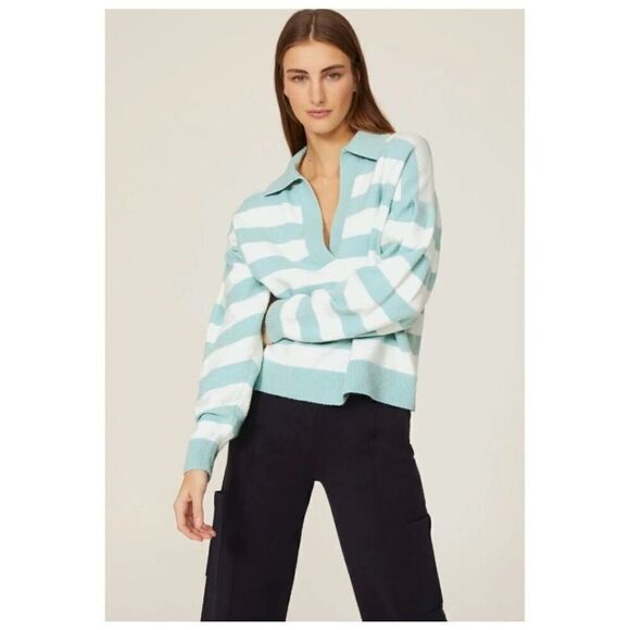 Tanya Taylor Striped V Neck Collar Maisie Knit Sweater Blue/White Cotton Size M - Picture 15 of 15
